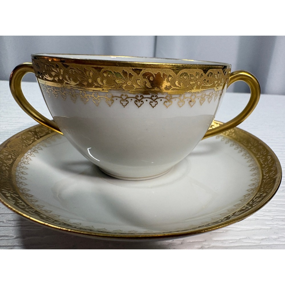 Limoges France M Redon Antique Gold Encrusted Bouillon Cup and Saucer Set S0078